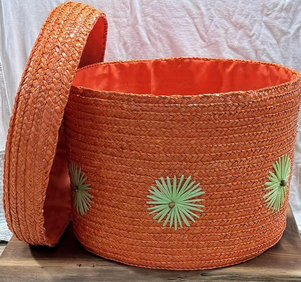 1960's Mid-Century Mod Orange Woven Wig Hat Box Embroidered Retro Travel Case
